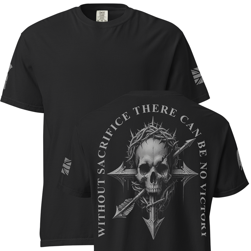 Front and back view of Black short sleeve unisex fit classic cotton T-Shirt by Achilles Tactical Clothing Brand printed with Large Without Sacrifice design across back