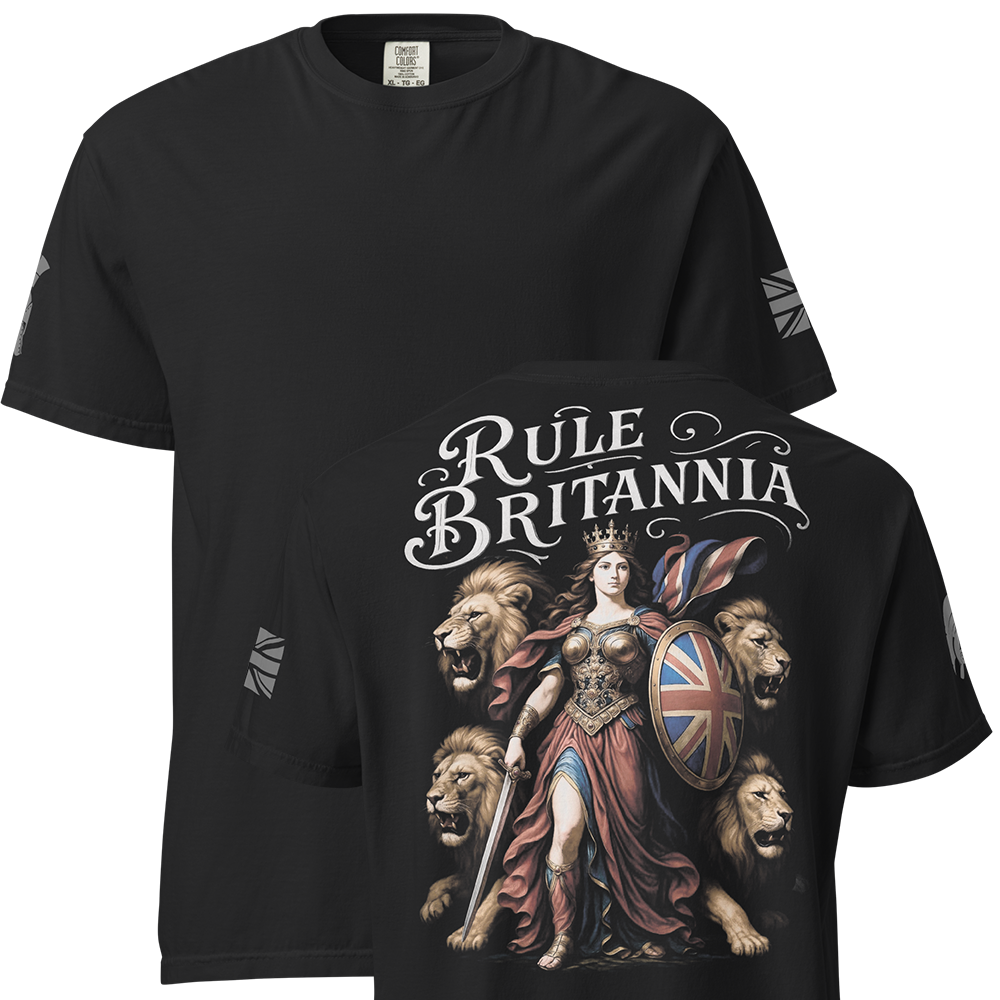 Front and back view of Black short sleeve unisex fit classic cotton T-Shirt by Achilles Tactical Clothing Brand printed with Large Rule Britannia design across back
