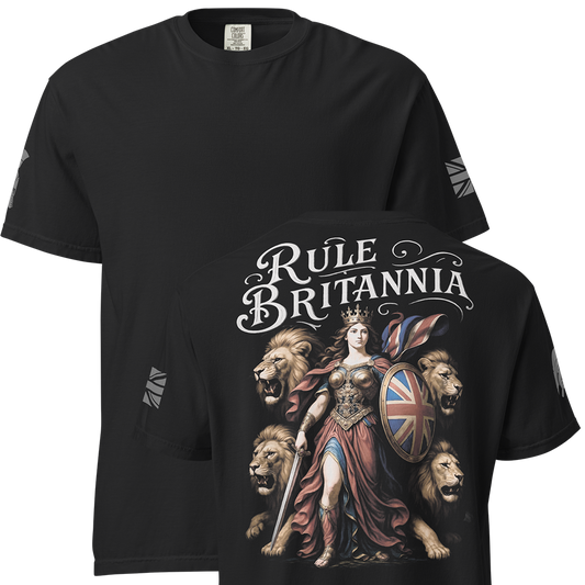 Front and back view of Black short sleeve unisex fit classic cotton T-Shirt by Achilles Tactical Clothing Brand printed with Large Rule Britannia design across back