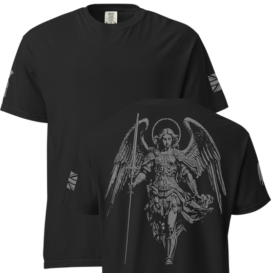 Front and back view of Black short sleeve unisex fit classic cotton T-Shirt by Achilles Tactical Clothing Brand printed with Large Saint Michael design across back
