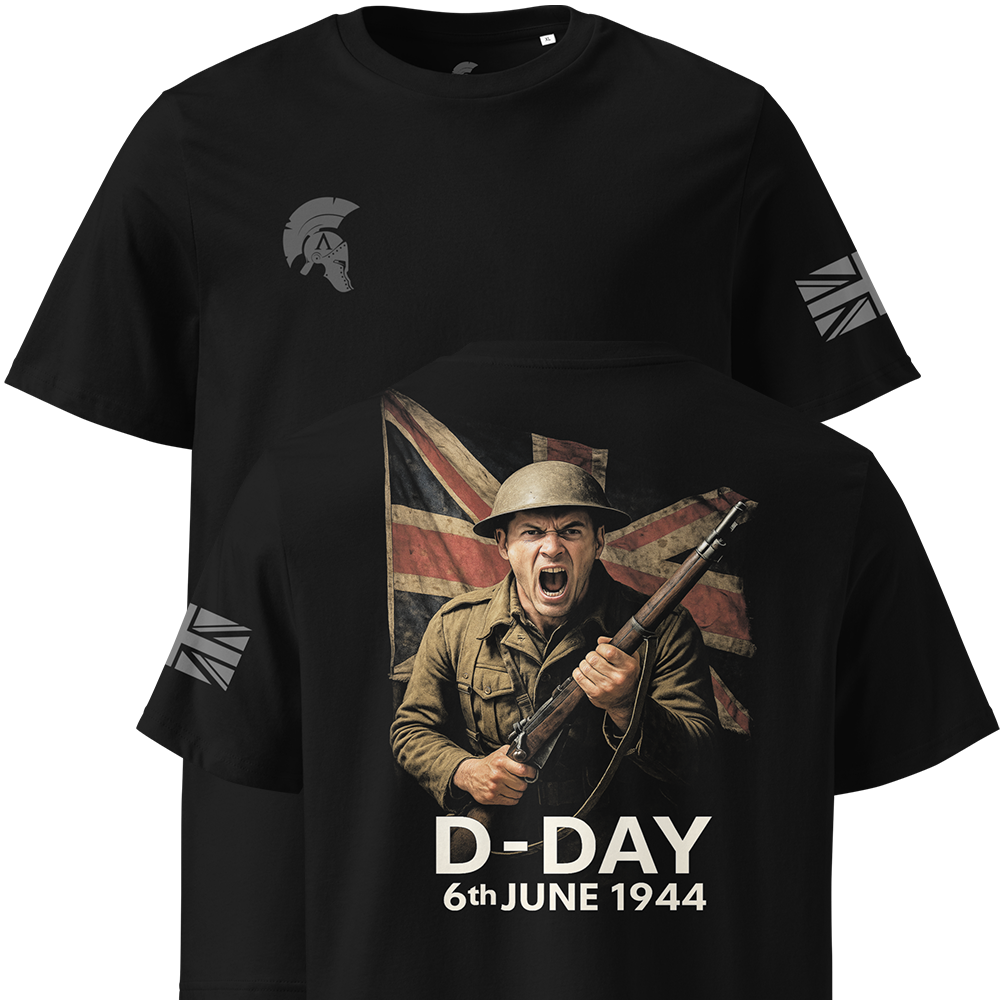 Black t-shirt with a graphic of a soldier holding a flag and 'D-Day 6th June 1944' text.