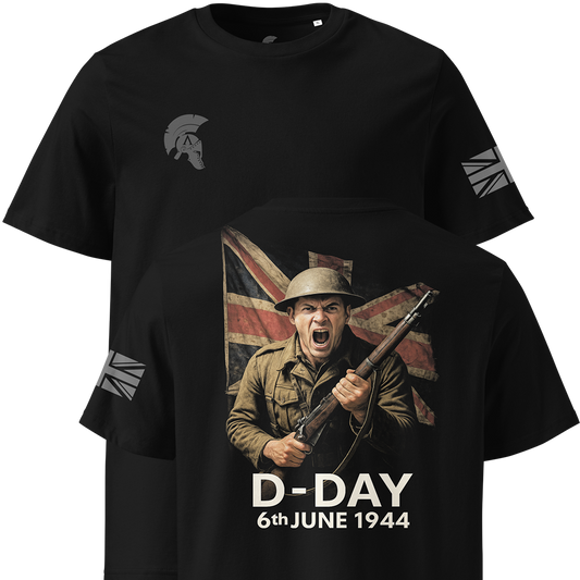 Black t-shirt with a graphic of a soldier holding a flag and 'D-Day 6th June 1944' text.