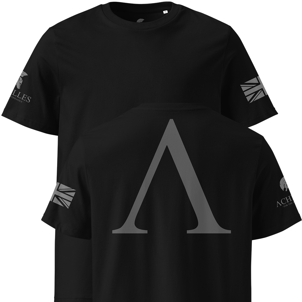 Black t-shirt with a large gray symbol on the back and smaller logos on the sleeves against a white background.