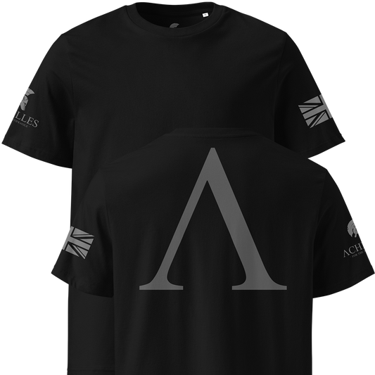 Black t-shirt with a large gray symbol on the back and smaller logos on the sleeves against a white background.
