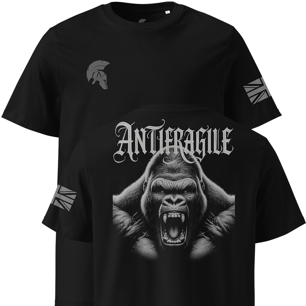 Black t-shirt with gorilla graphic and 'Antifragile' text on a white background
