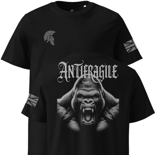 Black t-shirt with gorilla graphic and 'Antifragile' text on a white background