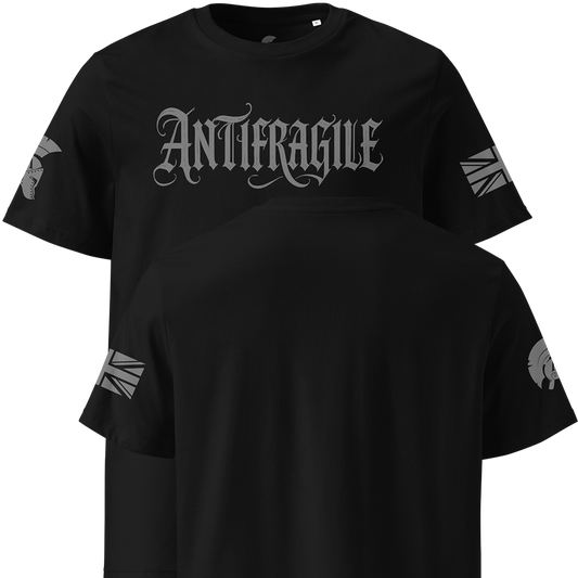 Black t-shirt with 'Antifragile' text and Union Jack design on sleeves against a white background