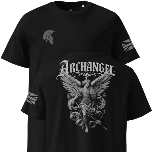 Black t-shirt with 'Archange' design and arm patches on a white background
