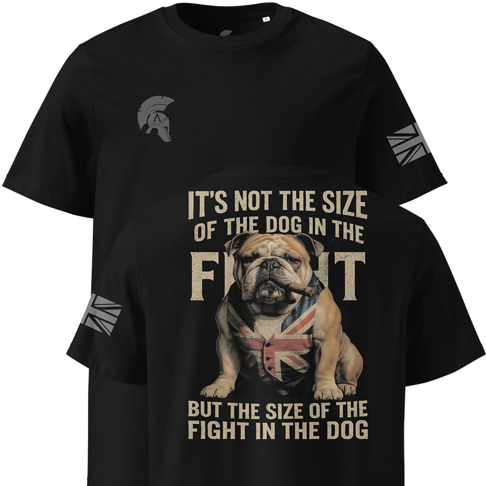 Black t-shirt with a bulldog graphic and text on a white background