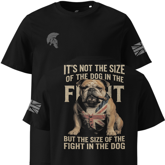 Black t-shirt with a bulldog graphic and text on a white background
