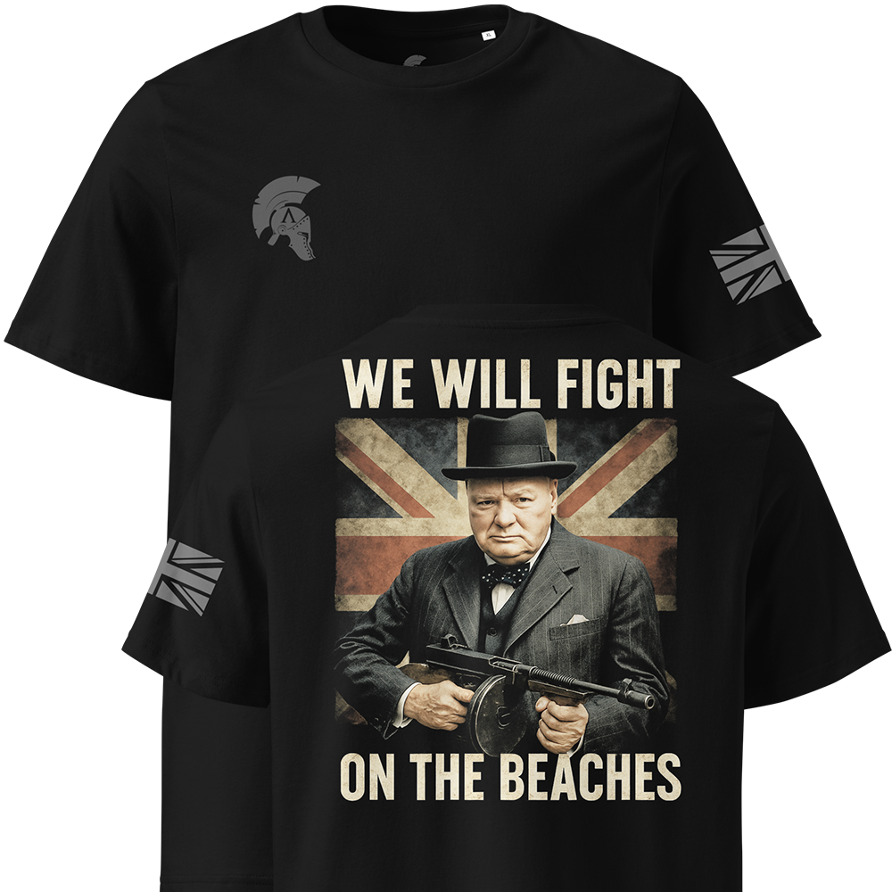 Black t-shirt with a Winston Churchill holding a gun and British flag, featuring the text 'We will fight on the beaches'.