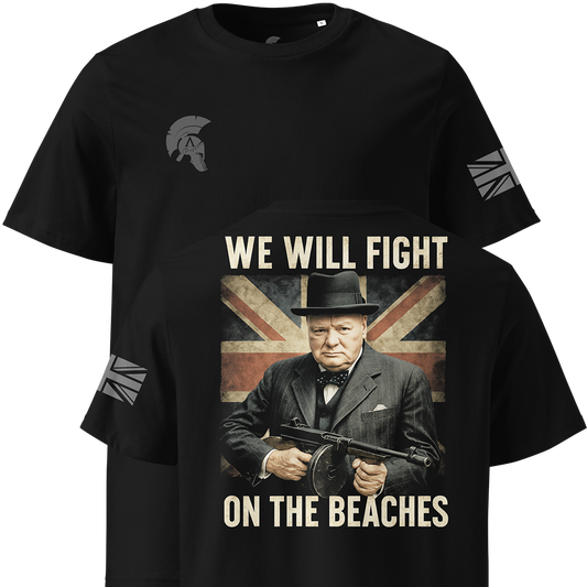 Black t-shirt with a Winston Churchill holding a gun and British flag, featuring the text 'We will fight on the beaches'.