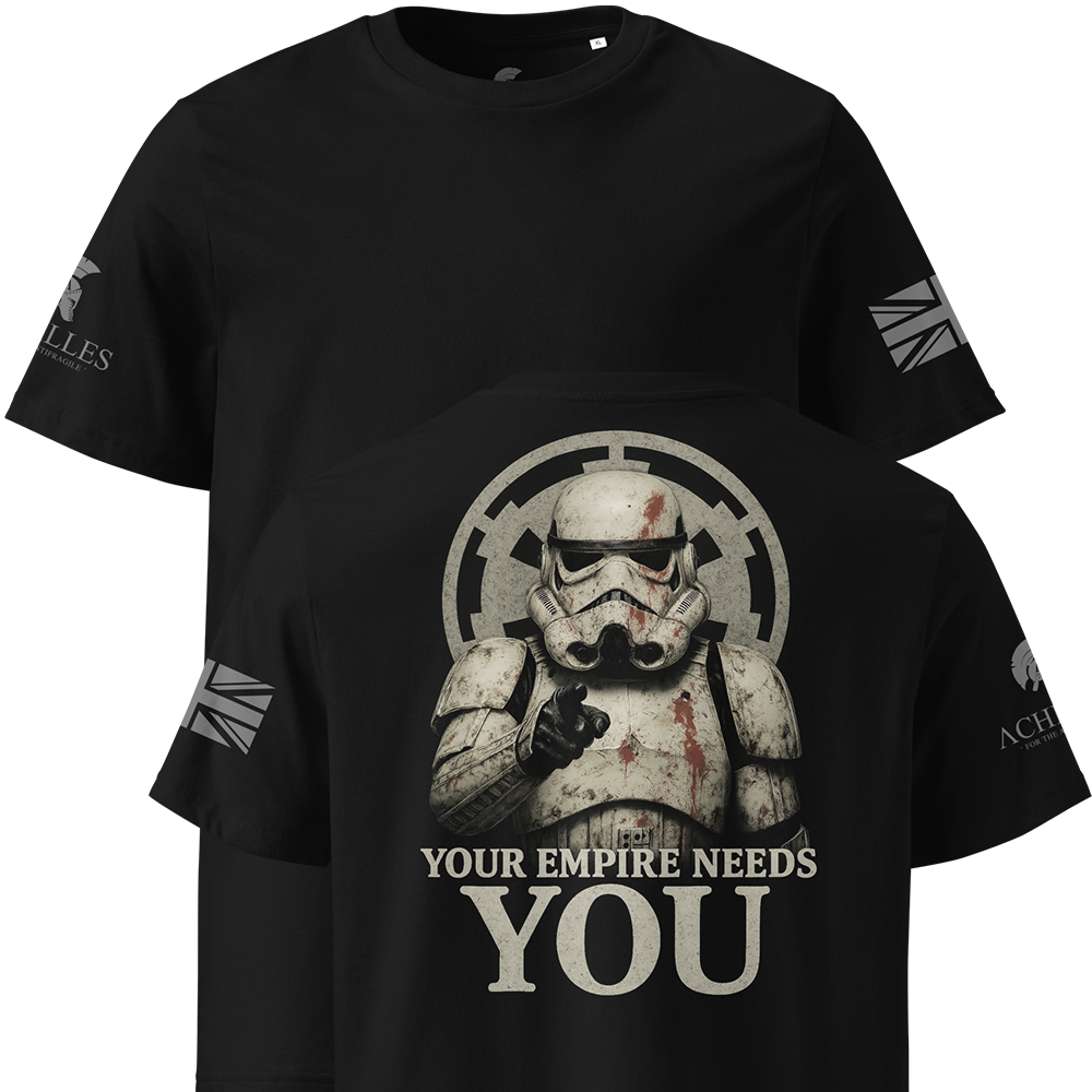 Black t-shirt with stormtrooper graphic and 'Your Empire Needs You' text on a white background