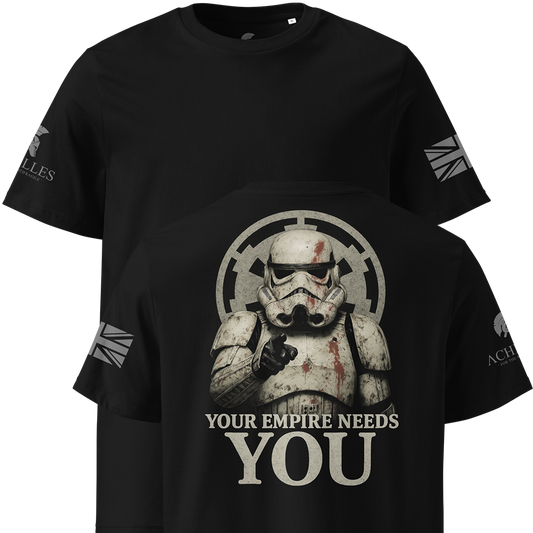 Black t-shirt with stormtrooper graphic and 'Your Empire Needs You' text on a white background