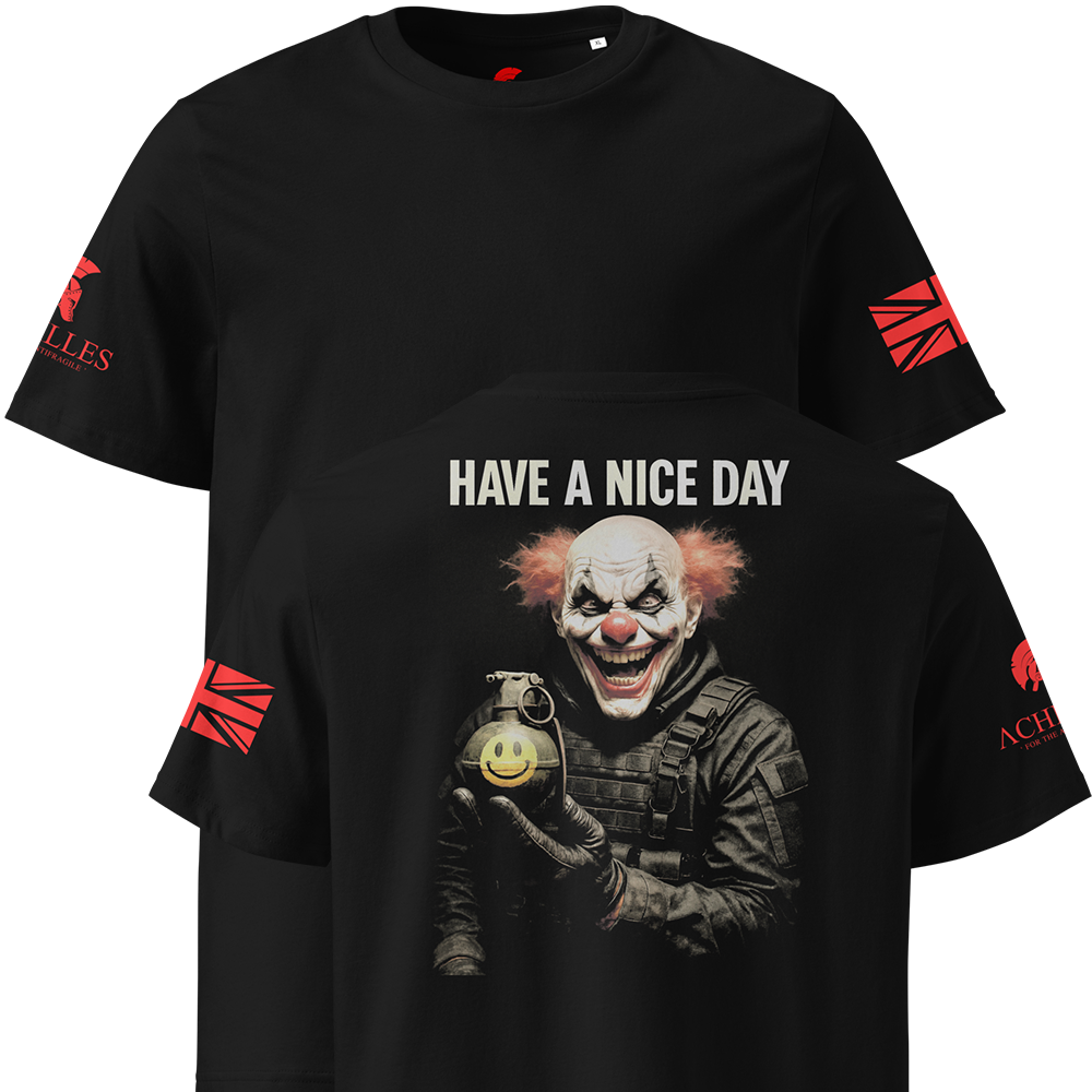 Black t-shirt with a graphic of a clown holding a grenade and 'Have a Nice Day' text, on a white background.