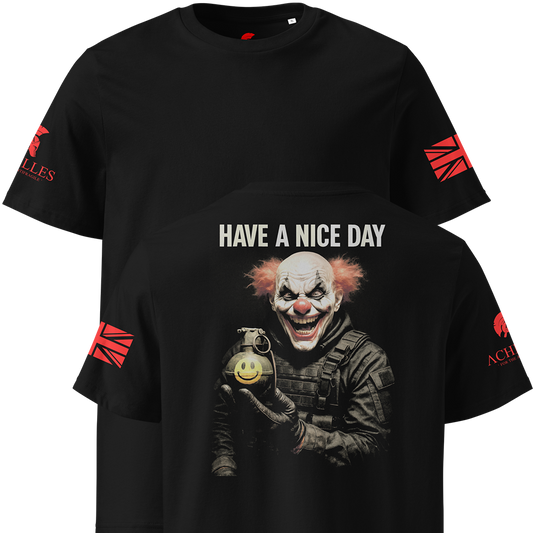 Black t-shirt with a graphic of a clown holding a grenade and 'Have a Nice Day' text, on a white background.
