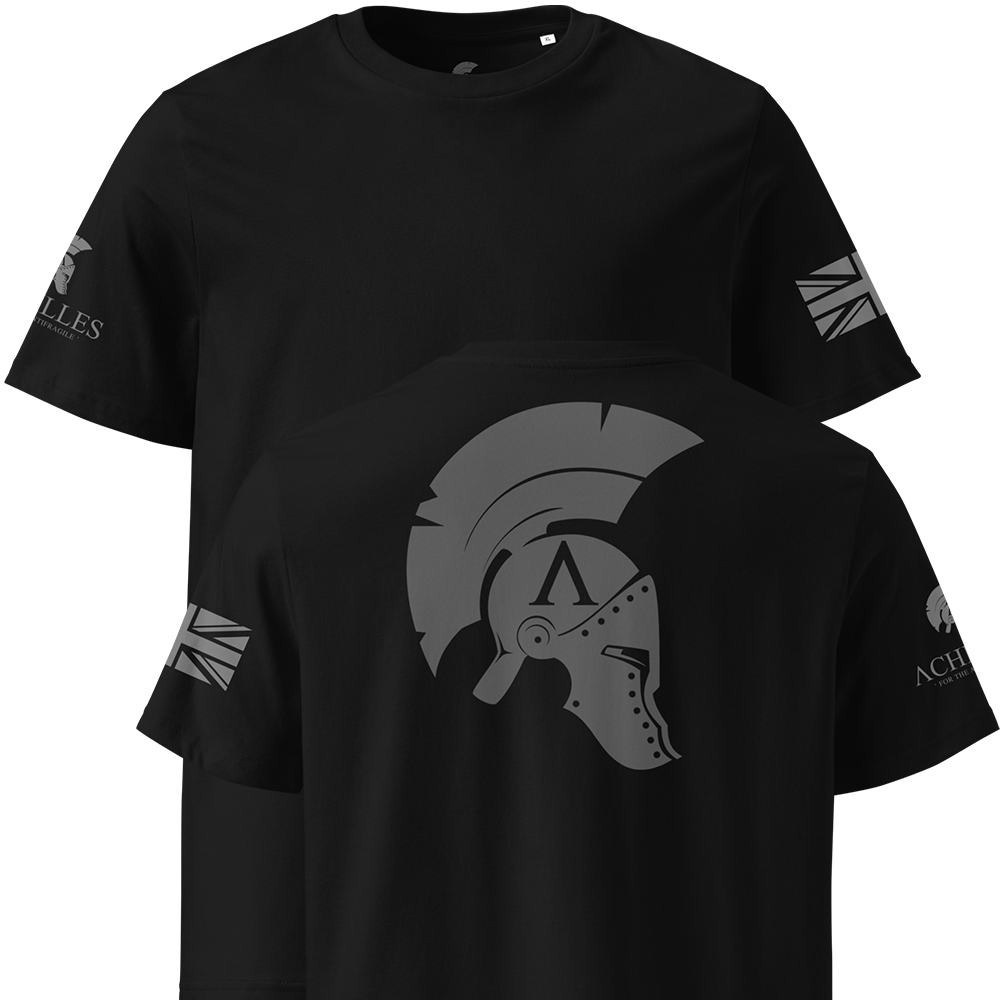 Black t-shirt with Spartan helmet design and logos on sleeves against a white background