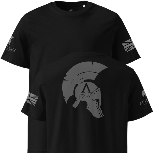 Black t-shirt with Spartan helmet design and logos on sleeves against a white background
