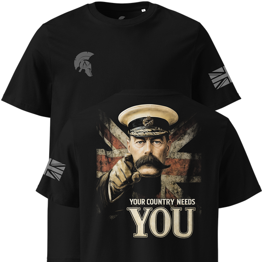 Black t-shirt with Lord Kitchener and 'Your Country Needs You' text on a white background
