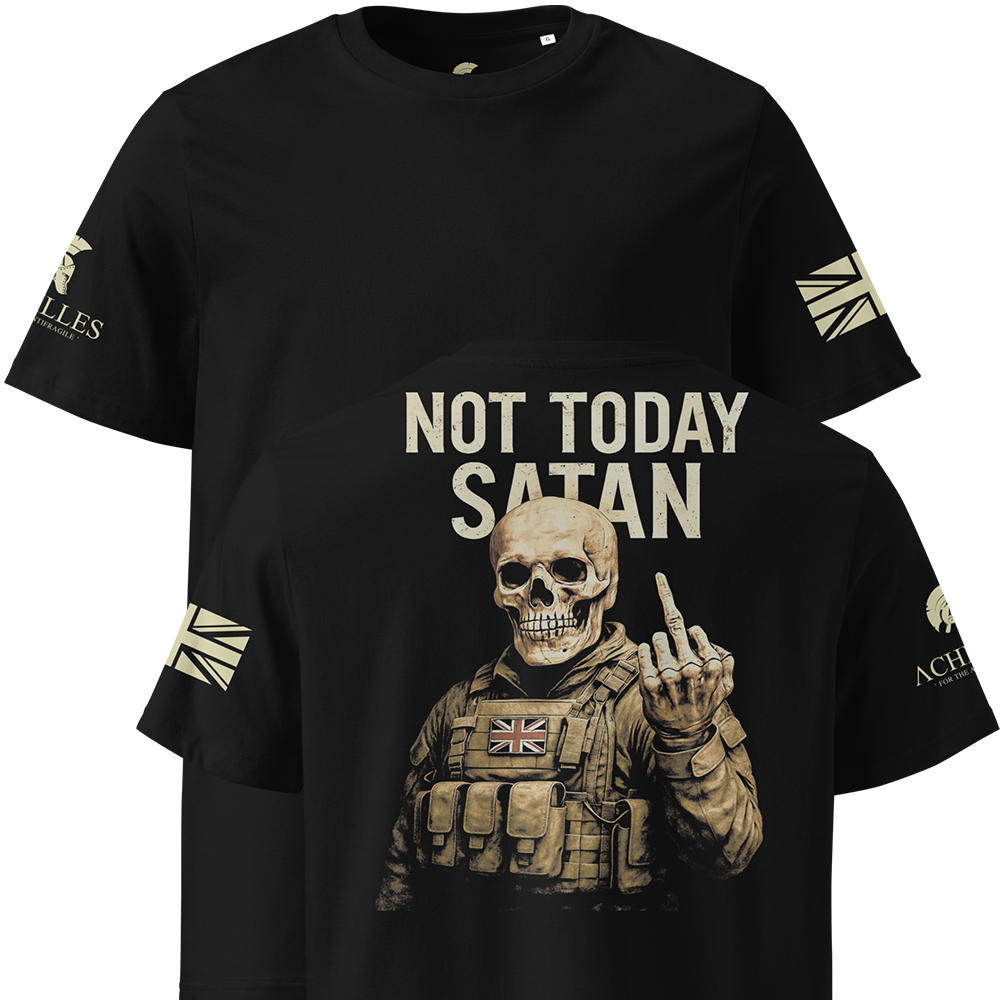 Black t-shirt with a graphic of a skeleton in military gear and 'Not Today Satan' text.