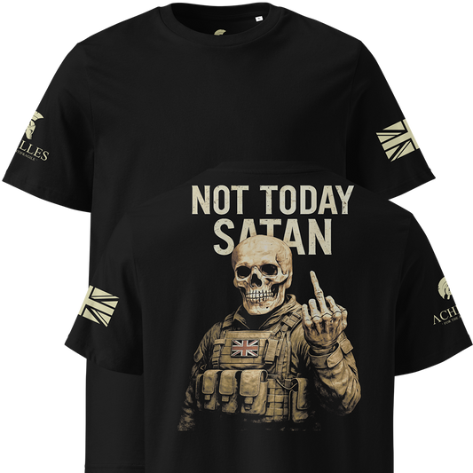 Black t-shirt with a graphic of a skeleton in military gear and 'Not Today Satan' text.