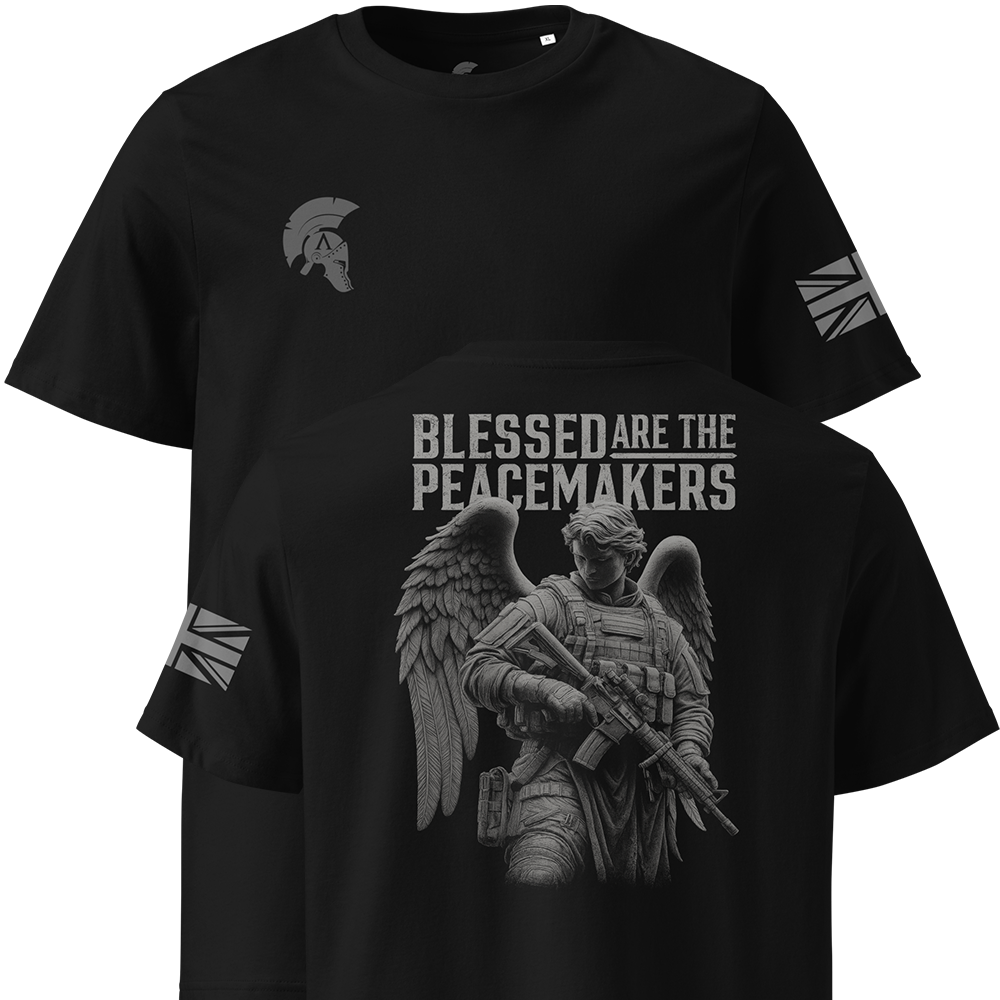 Black t-shirt with angel design and 'Blessed are the Peacemakers' text on a white background