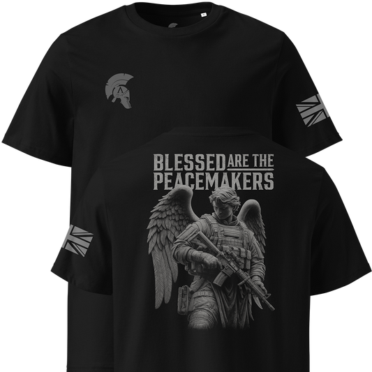 Black t-shirt with angel design and 'Blessed are the Peacemakers' text on a white background