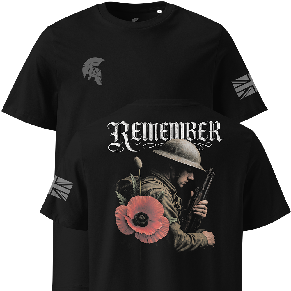Black t-shirt with a graphic of a soldier holding a rifle and a poppy, with the word 'Remember' above.