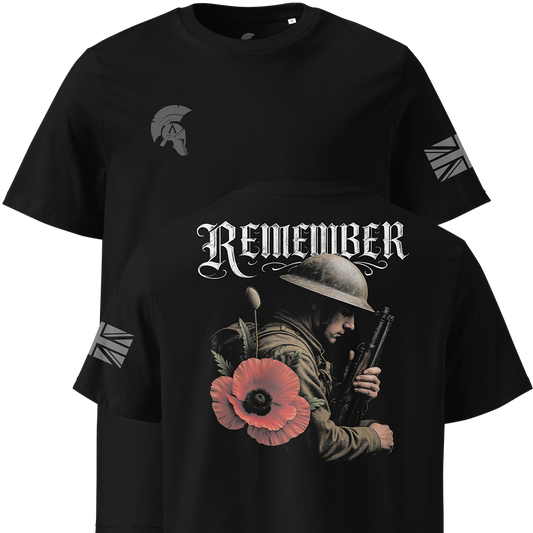 Black t-shirt with a graphic of a soldier holding a rifle and a poppy, with the word 'Remember' above.