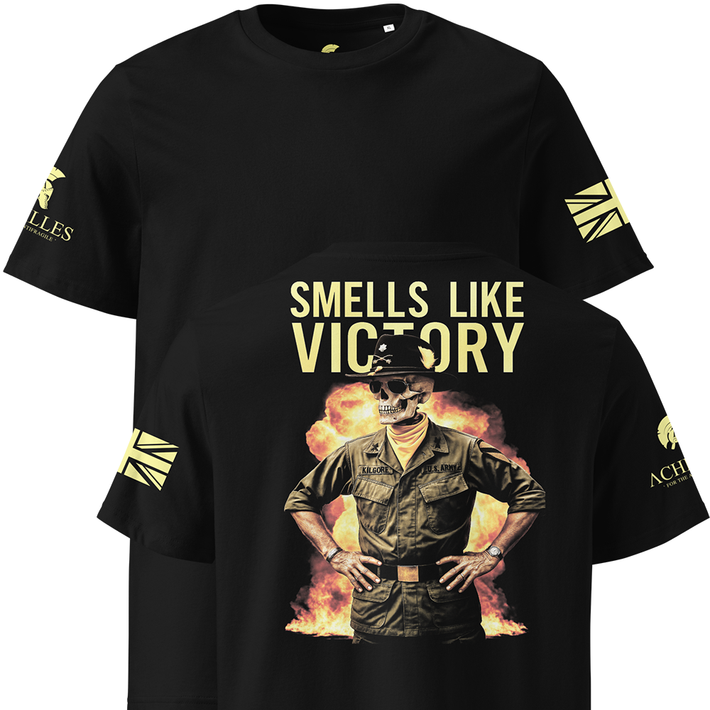 Black t-shirt with graphic design and text 'Smells Like Victory' on a white background