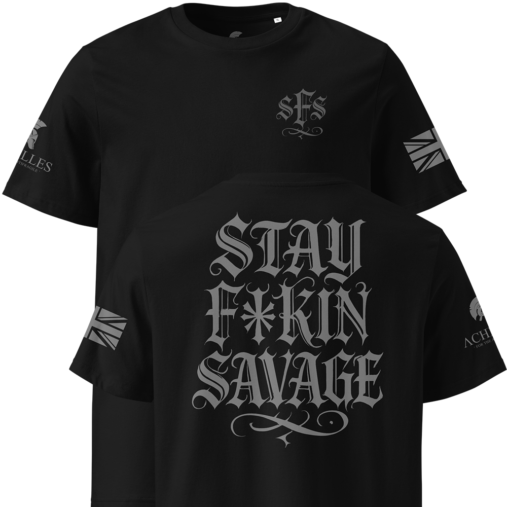 Black t-shirt with 'Stay F*kin Savage' text and logos on a white background