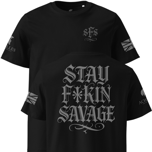 Black t-shirt with 'Stay F*kin Savage' text and logos on a white background