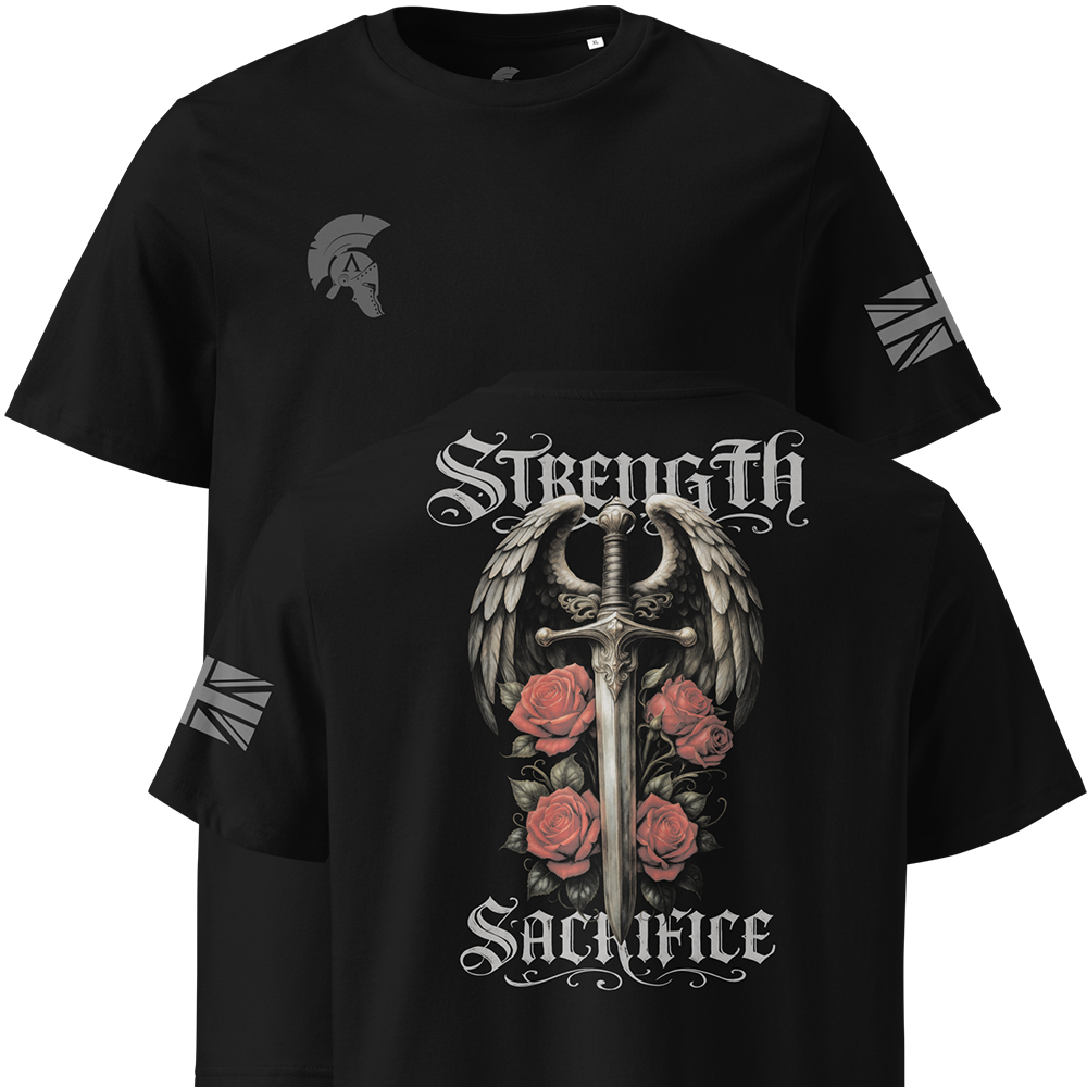 Black t-shirt with a sword and roses design and 'Strength Sacrifice' text on a white background.