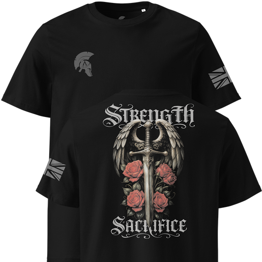 Black t-shirt with a sword and roses design and 'Strength Sacrifice' text on a white background.