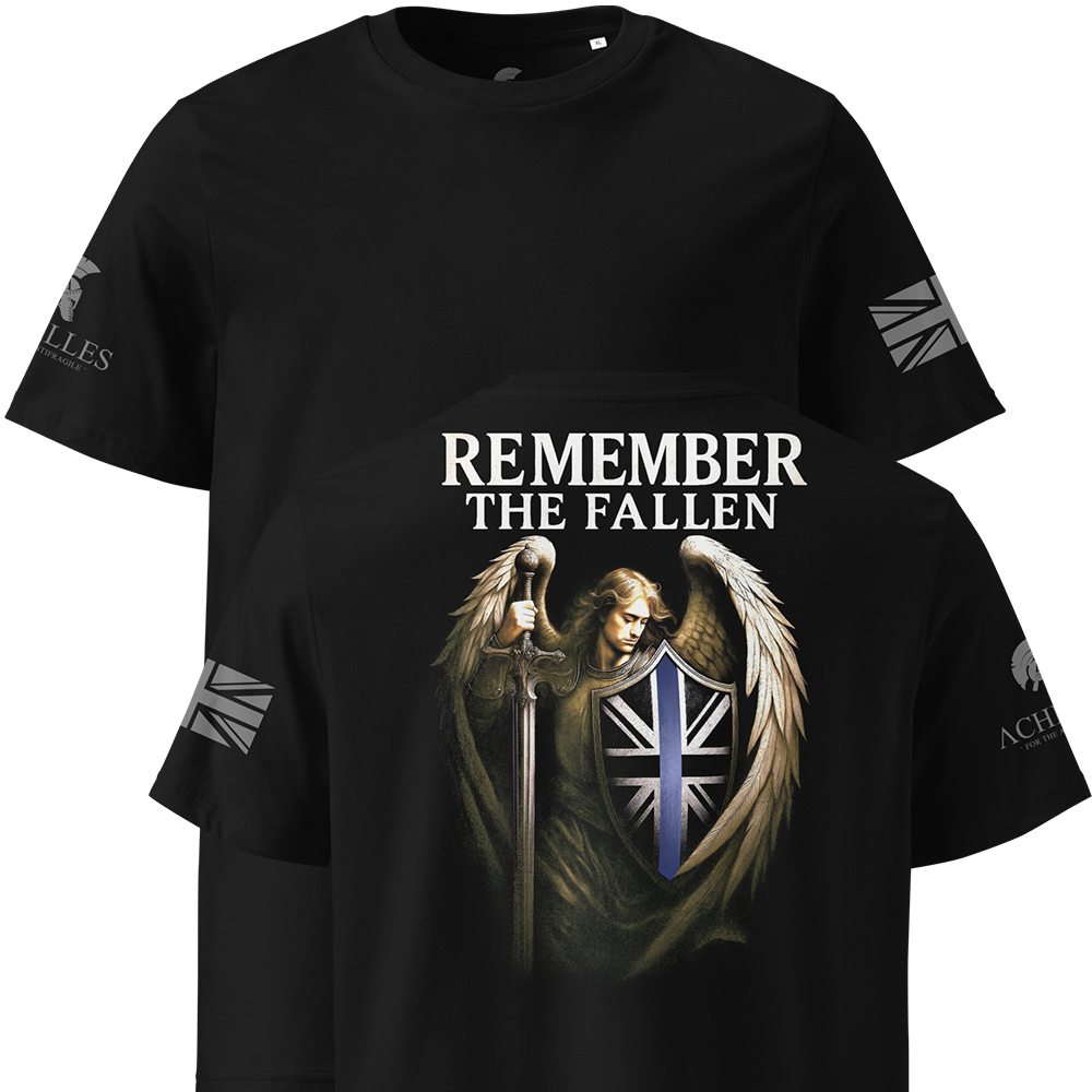 Black t-shirt with an angel holding a sword and shield featuring a Union Jack, with 'Remember the Fallen' text.