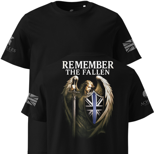 Black t-shirt with an angel holding a sword and shield featuring a Union Jack, with 'Remember the Fallen' text.