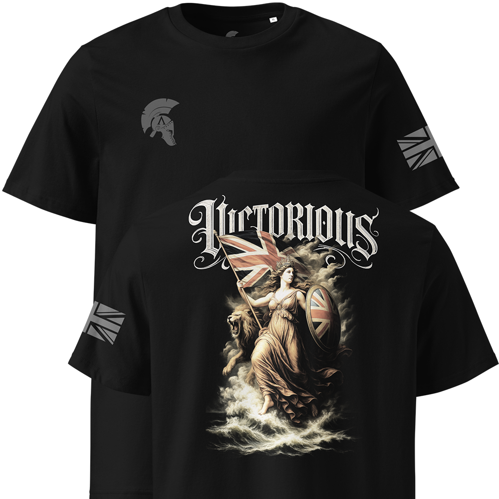 Black t-shirt with 'Victorious' design featuring a warrior and British flag, on a white background.