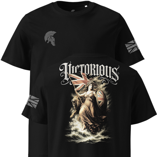 Black t-shirt with 'Victorious' design featuring a warrior and British flag, on a white background.