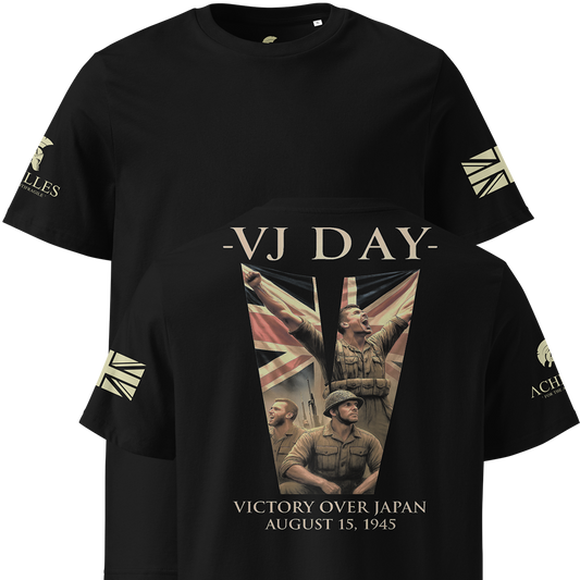 Black t-shirt with 'VJ Day' design featuring soldiers and a Union Jack, on a white background.