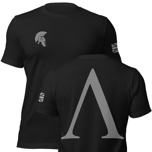 Front and back view of Black short sleeve unisex fit original cotton T-Shirt by Achilles Tactical Clothing Brand printed with A Brand design across back
