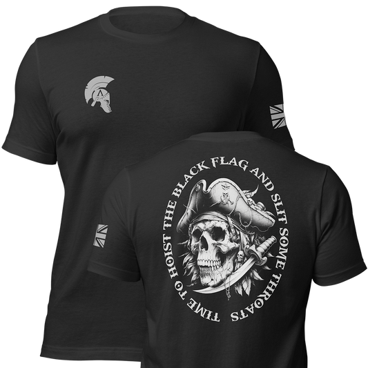 Front and back view of Black short sleeve unisex fit original cotton T-Shirt by Achilles Tactical Clothing Brand printed with Large Hoist the black flag design across back