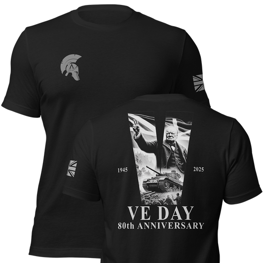 Front and back view of Black short sleeve unisex fit original cotton T-Shirt by Achilles Tactical Clothing Brand printed with VE DAY 80 design across back