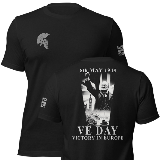 Front and back view of Black short sleeve unisex fit original cotton T-Shirt by Achilles Tactical Clothing Brand printed with VE DAY design across back
