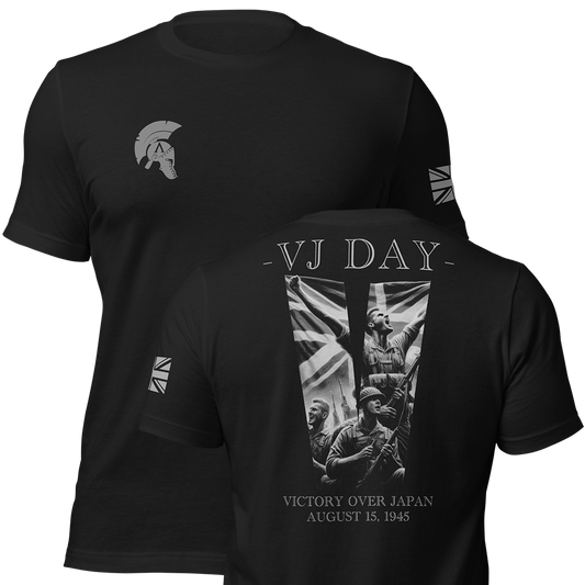 Front and back view of Black short sleeve unisex fit original cotton T-Shirt by Achilles Tactical Clothing Brand printed with VJ DAY design across back