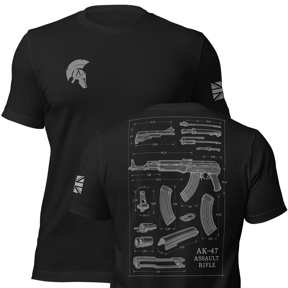 Front and back view of Black short sleeve unisex fit original cotton T-Shirt by Achilles Tactical Clothing Brand printed with AK-47 design across back