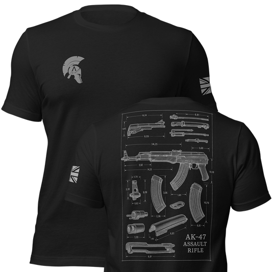 Front and back view of Black short sleeve unisex fit original cotton T-Shirt by Achilles Tactical Clothing Brand printed with AK-47 design across back