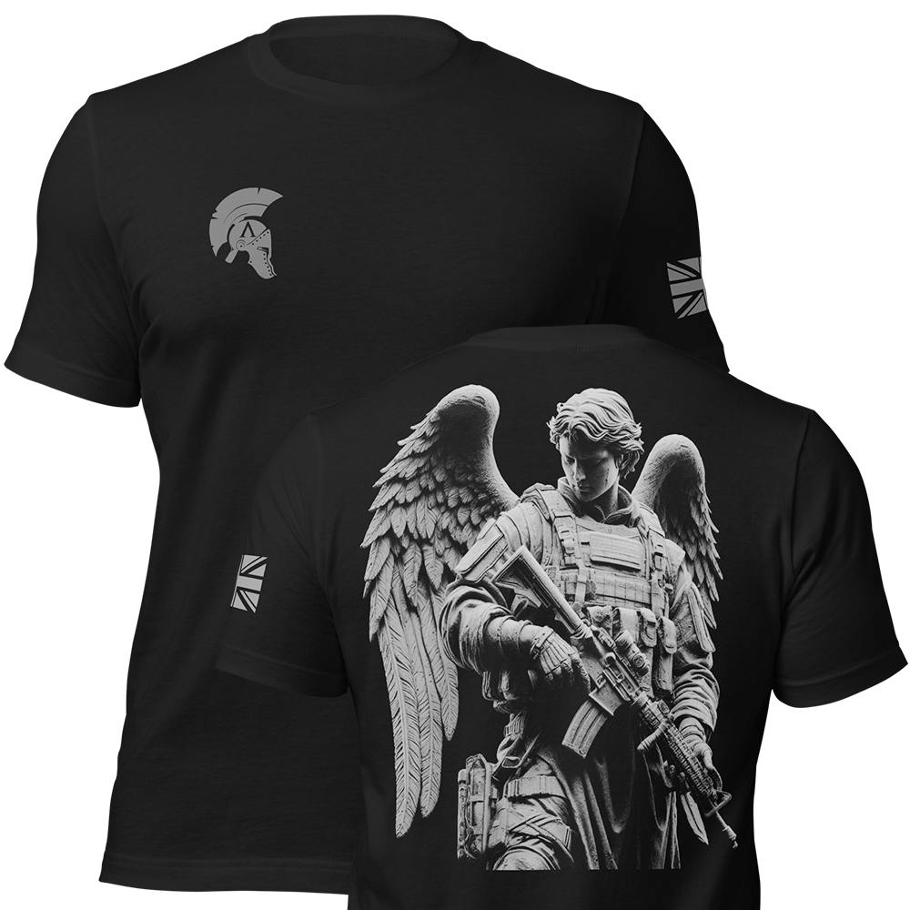 Front and back view of Black short sleeve unisex fit original cotton T-Shirt by Achilles Tactical Clothing Brand printed with Armed Angel design across back