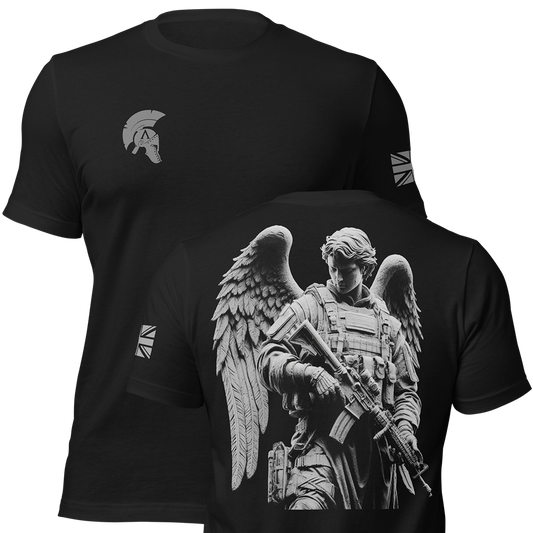 Front and back view of Black short sleeve unisex fit original cotton T-Shirt by Achilles Tactical Clothing Brand printed with Armed Angel design across back