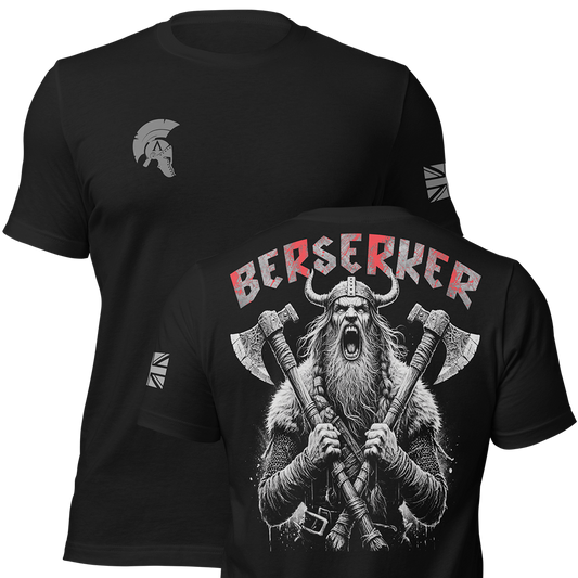 Front and back view of Black short sleeve unisex fit original cotton T-Shirt by Achilles Tactical Clothing Brand printed with Berserker design across back