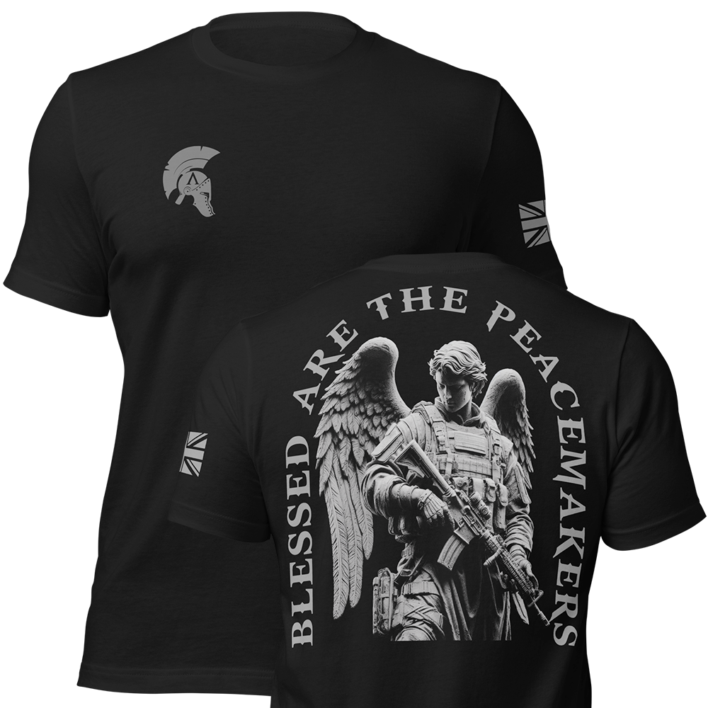 Front and back view of Black short sleeve unisex fit original cotton T-Shirt by Achilles Tactical Clothing Brand printed with Blessed are the peacemakers design across back
